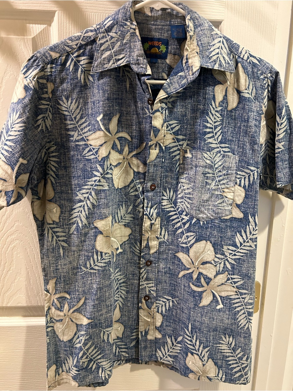 Vintage 90s Weeds Men's Hawaiian Shirt Small S Blue Reverse tropical print
